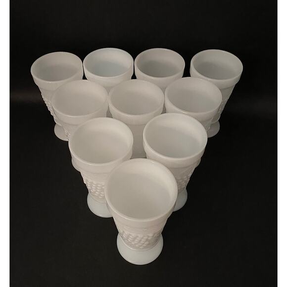 Set of 10 Footed Iced Tea Goblets - White Milk Glass Tumblers Embossed Grapes - Picture 3 of 10